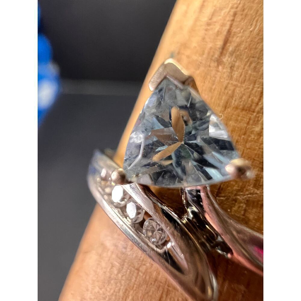 10k white gold Samuel Aaron trillion cut aquamarine and diamond ring size 6.5 - Picture 8 of 16